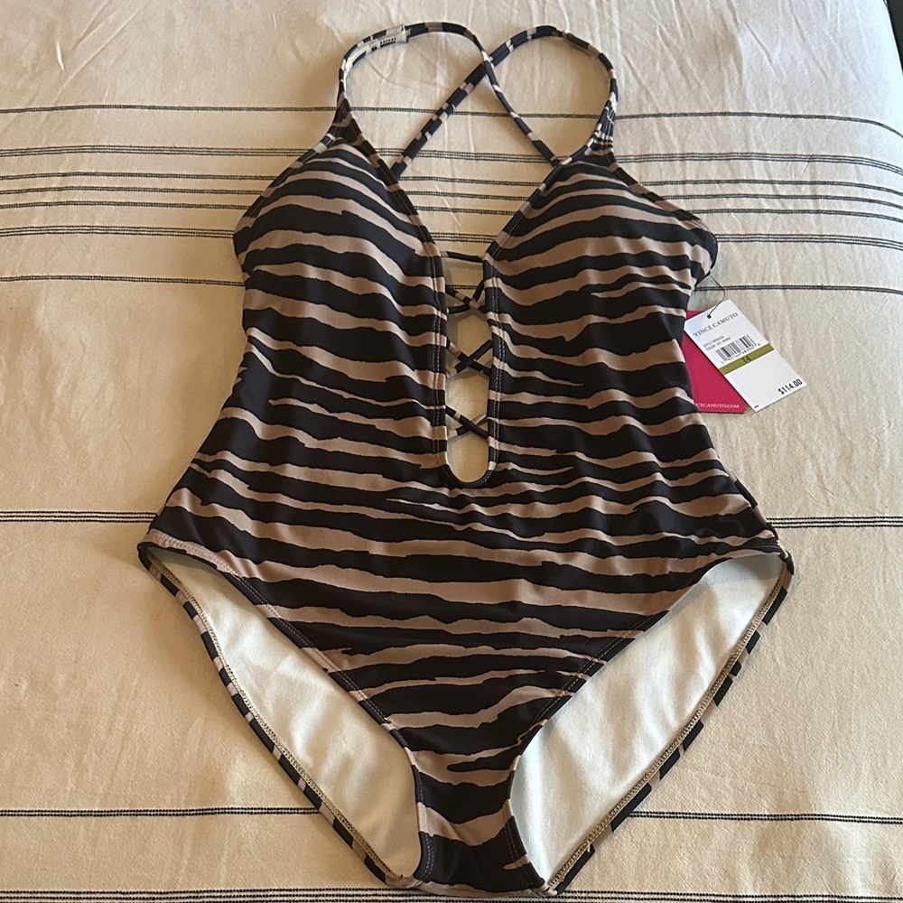 Vince Camuto Brown and Black Striped One Piece Swimsuit